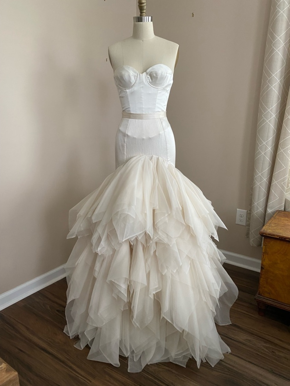 Strapless Silk Off White Mermaid Wedding Dress with Layered Organza Skirt